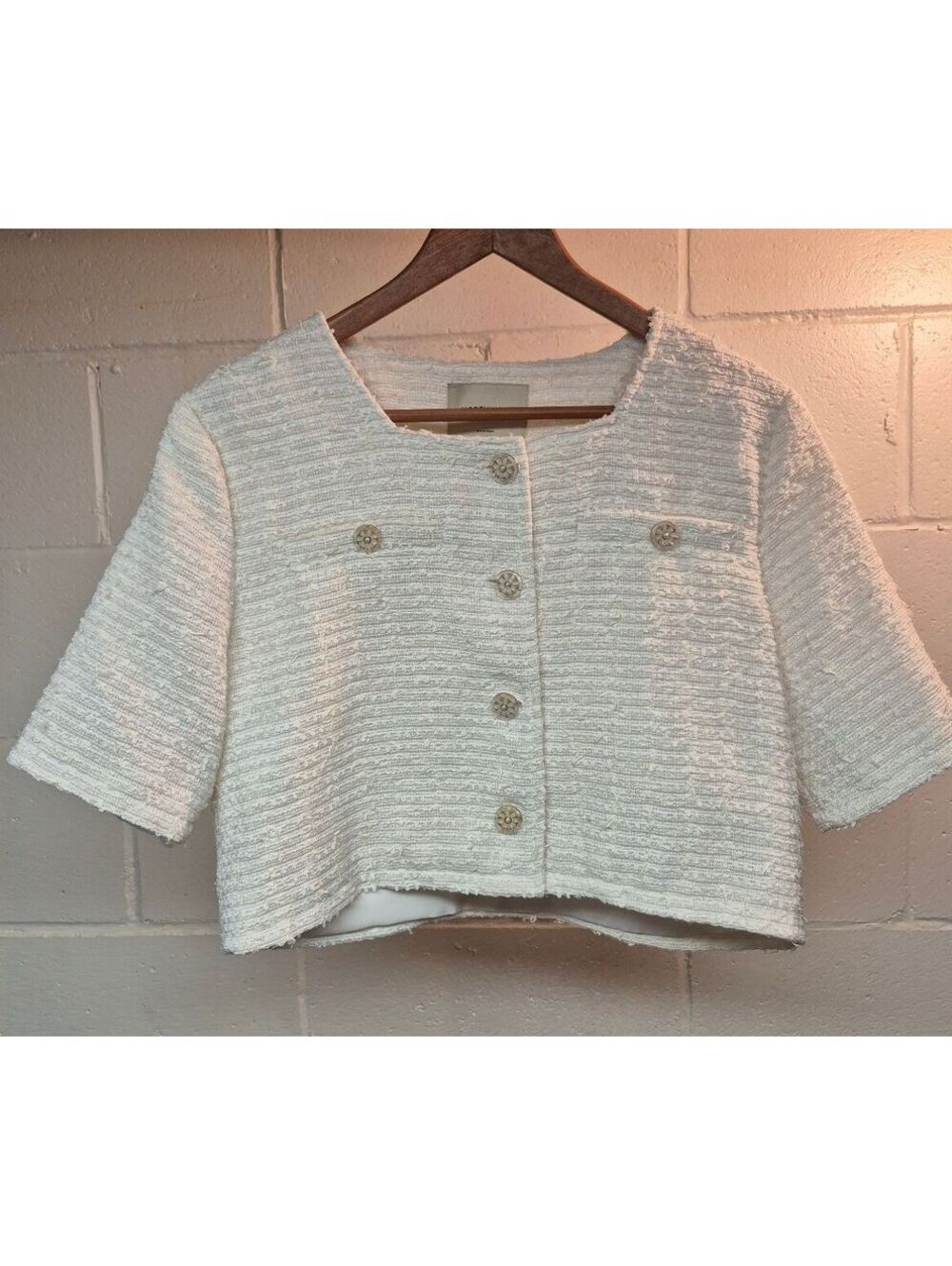 Moreyuyee White Textured Cropped Jacket with Floral Pearl Buttons
